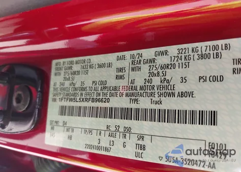 2024 Ford F-150 Lariat from USA, damaged, VIN 1FTFW5L5XRFB96620